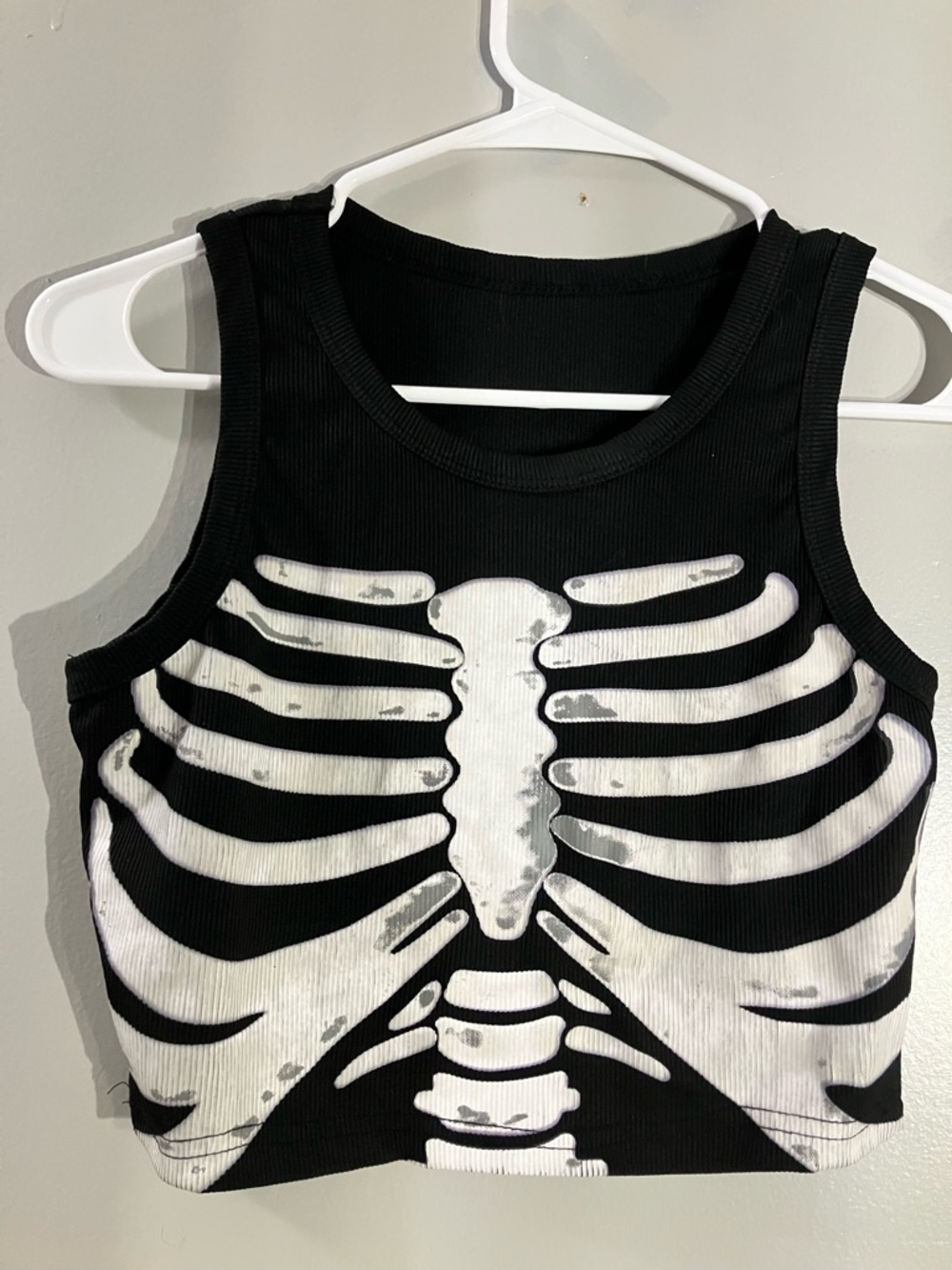 Black Ribbed Crop Tank with White Skeleton Print